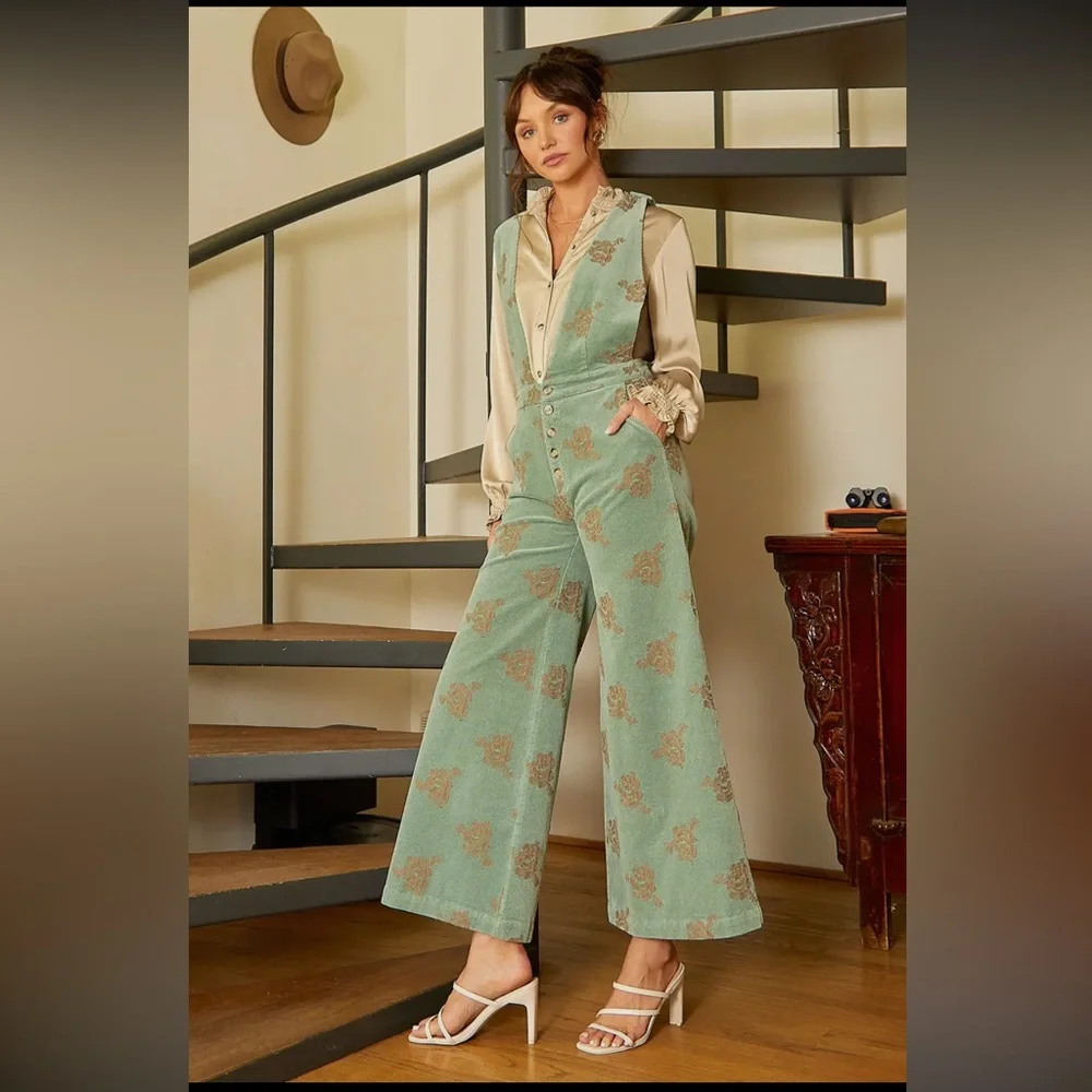 Seaforam green Christmas holiday embroidered flare wide leg jumpsuit overalls - Picture 3 of 9